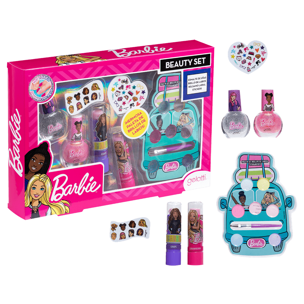 Set de maquillaje Barbie  - 2 esmaltes +2 bálsamos+ paleta de Brillo de Labios  - Caja de 6 unidades