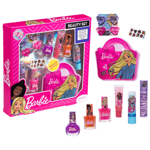 Set de maquillaje Barbie- 3 esmaltes +1 bálsamo Labial +2 brillo de labios+ Cosmetiquero + Accesorios de pelo - Caja de 6 unidades