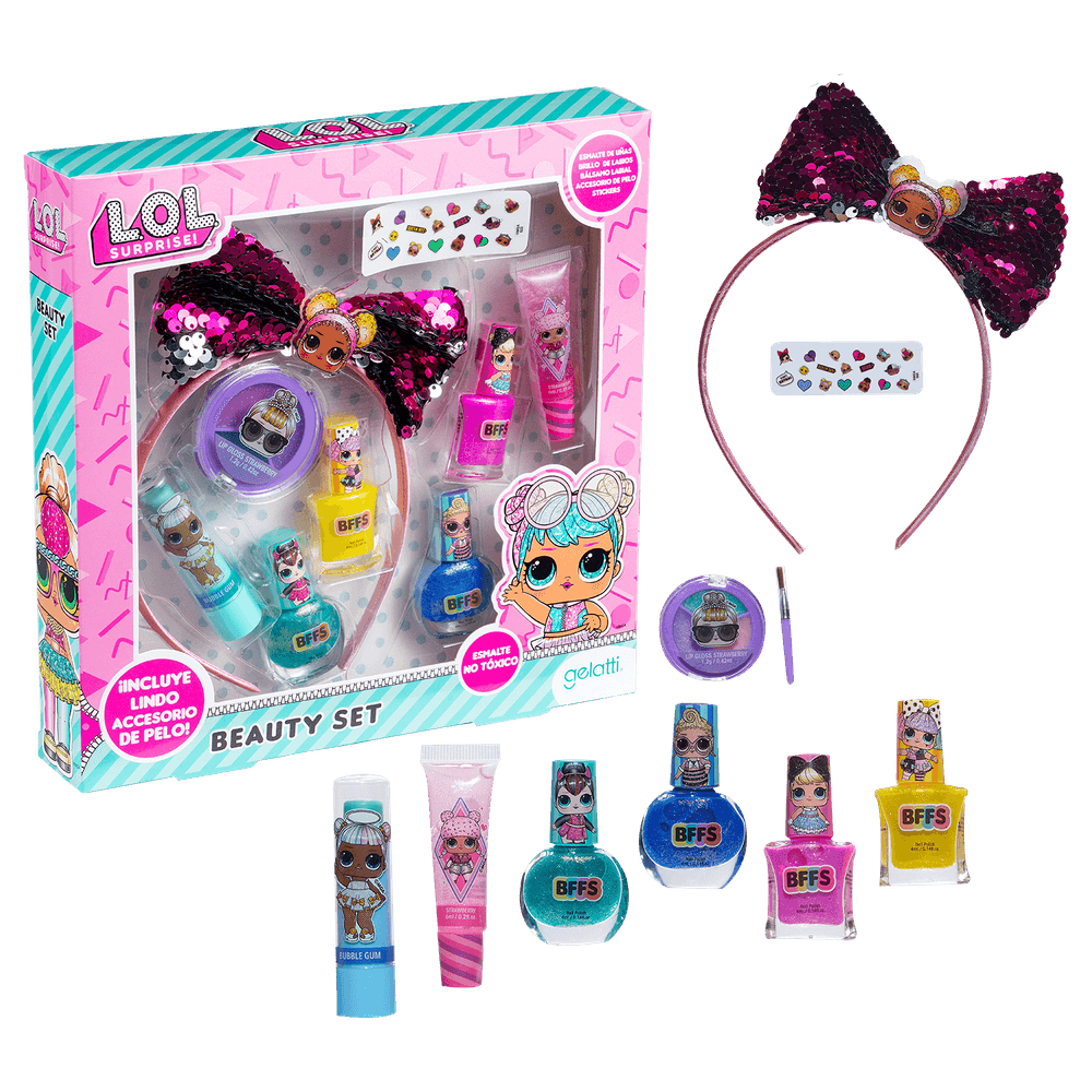 Set de maquillaje LOL Surprise!- 4 esmaltes +1 bálsamo Labial +1 brillo de labios+ Accesorio de pelo + Paleta de brillo de labios- Caja de 6 unidades