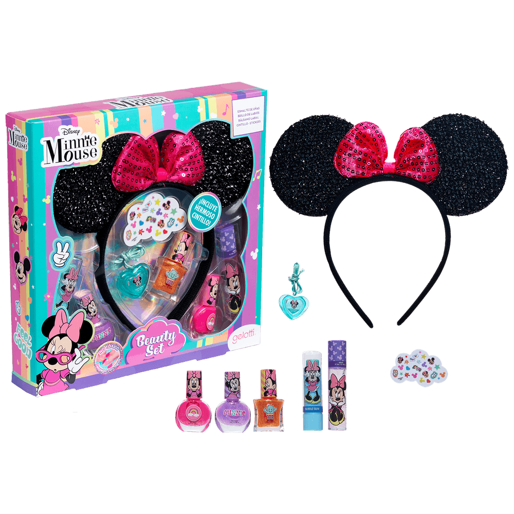 Set de maquillaje Minnie- 3 esmaltes +1 bálsamo Labial +1 brillo de labios+ Accesorio de pelo - Caja de 6 unidades
