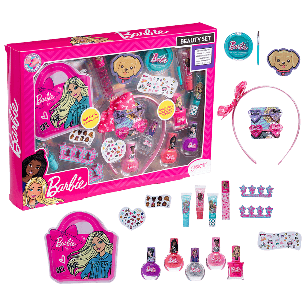 Set de maquillaje Barbie- 5 esmaltes  +4  Brillos de Labios + Accesorios de pelo+ Cosmetiquero + Lima - Caja de 6 unidades