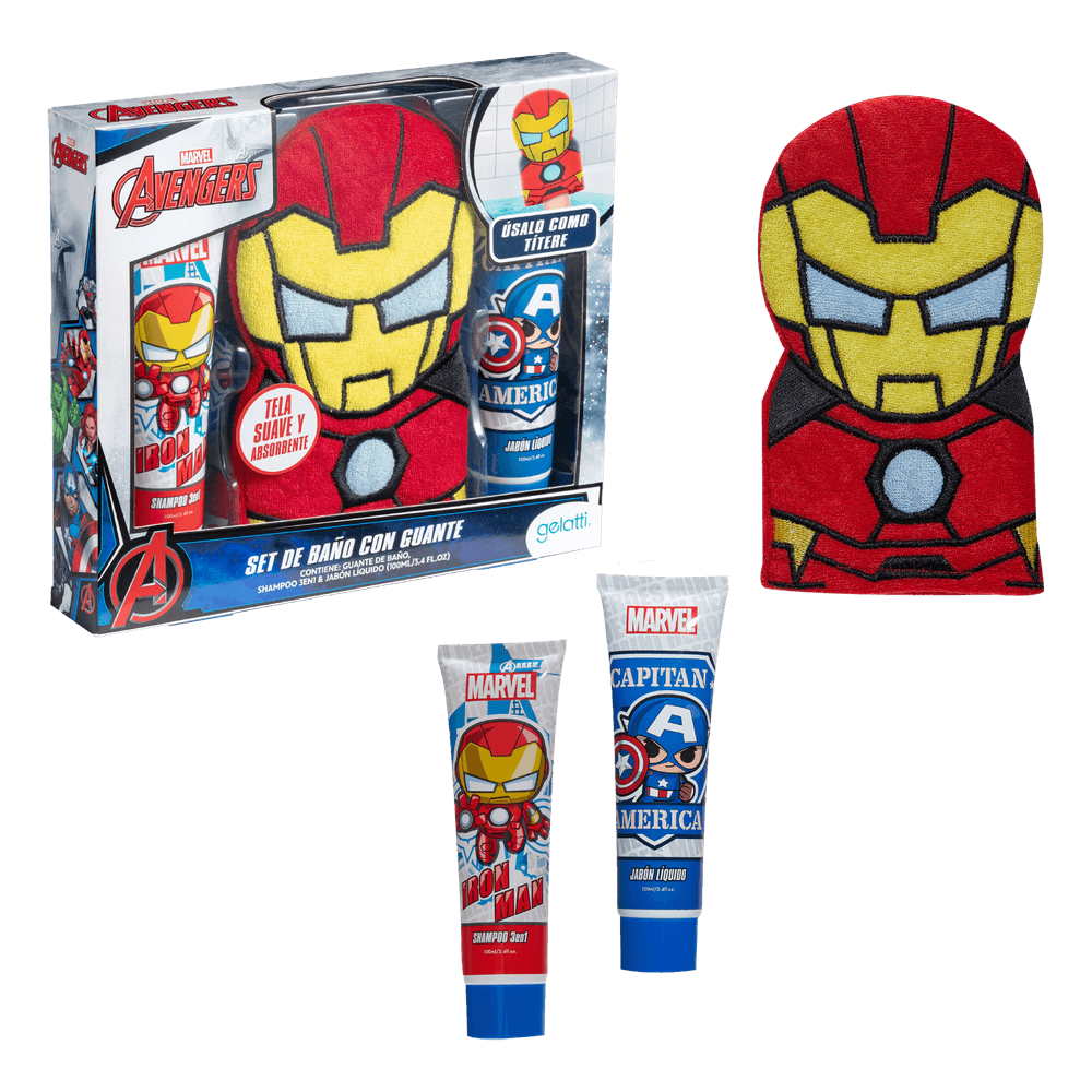Set de Baño avengers Iron Man- Shampoo +   Jabon Iro man + Guante de baño - Caja de 6 unidades