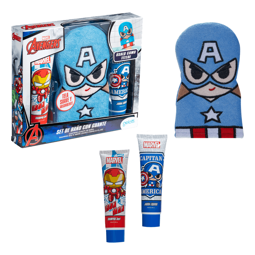 Set de Baño avengers- Shampoo +   Jabon Cap America + Guante de baño - Caja de 6 unidades