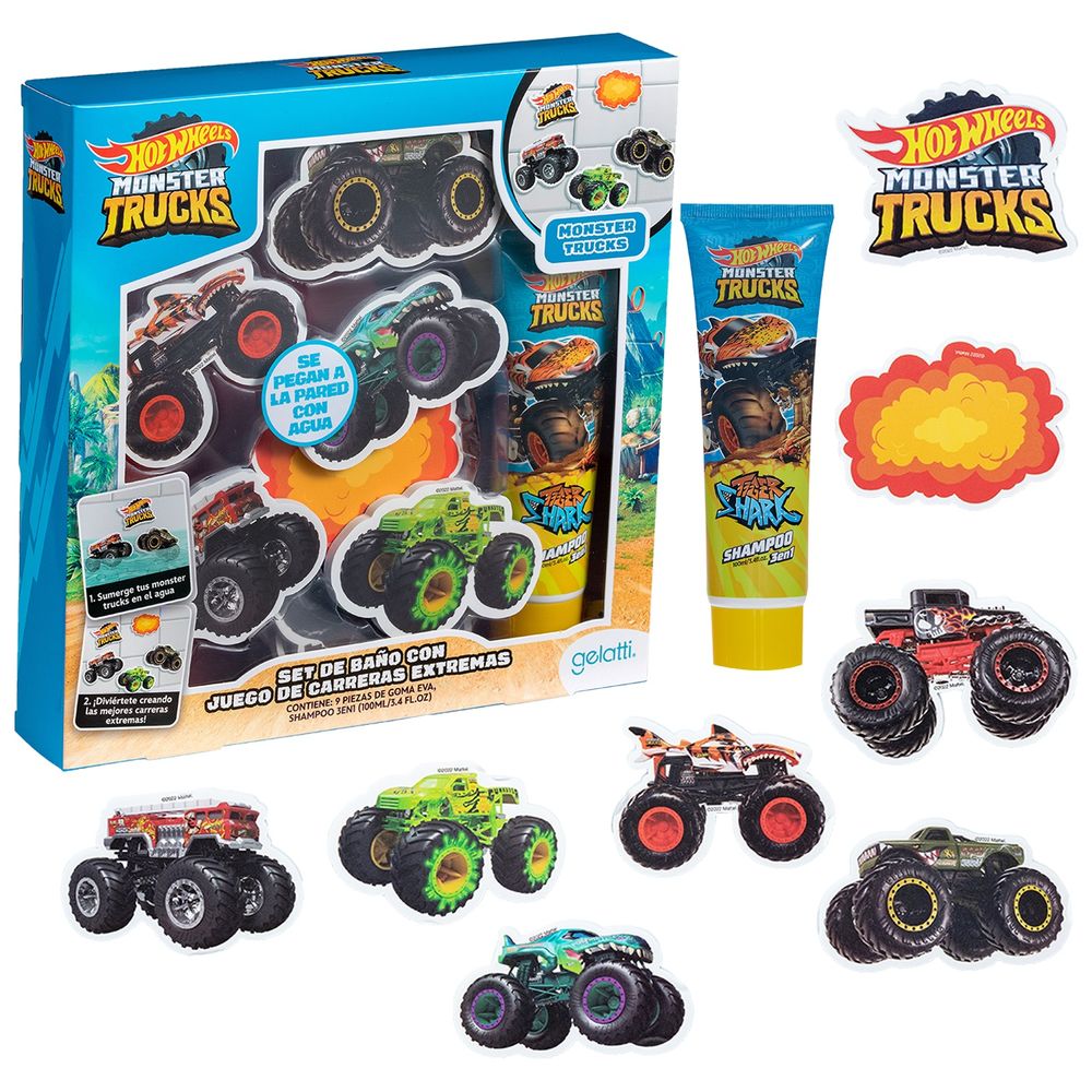 Set de Baño Monster HotWheels- Shampoo  3 en 1+   Juego de Pistas Monster HotWheels- Caja de 6 unidades