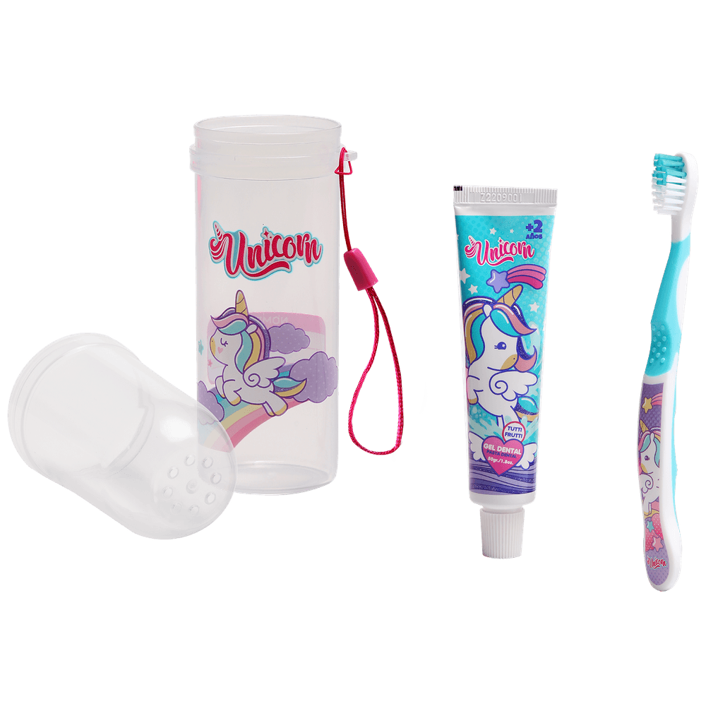 Set de pasta de dientes  UNICORNIO  50gr + Cepillo de dientes + Porta cepillo cilíndrico- Caja de 12 unidades