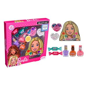Set de maquillaje Barbie- 3 esmaltes +2  Brillos de Labios  Candy + Sombra de ojos+ Paleta de brillo de labios- Caja de 6 unidades