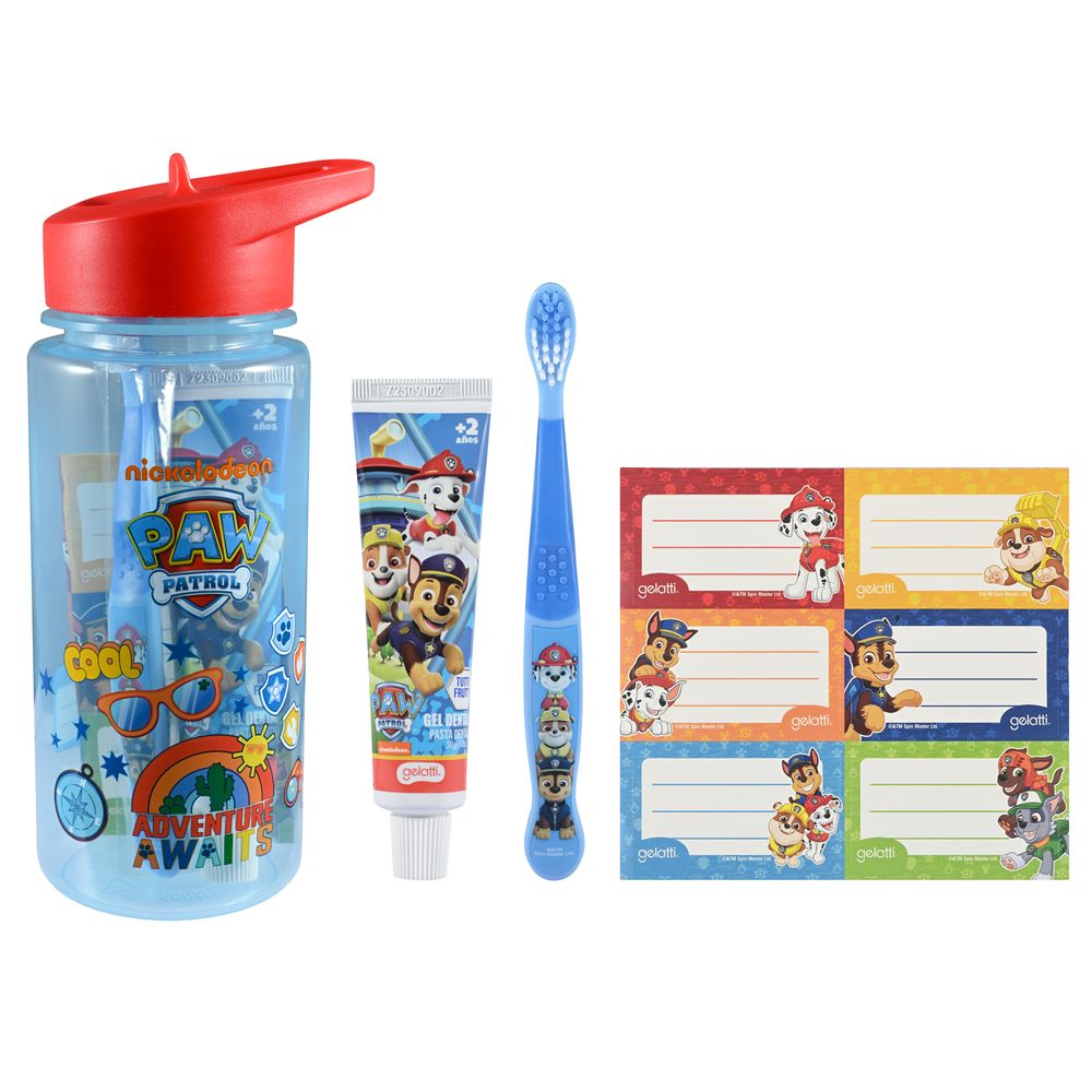 PASTA DIENTE 50g + CEPILLO  + BOTELLA +  ETIQUETAS ESCOLARES, PAW PATROL - Caja 12 Unidades