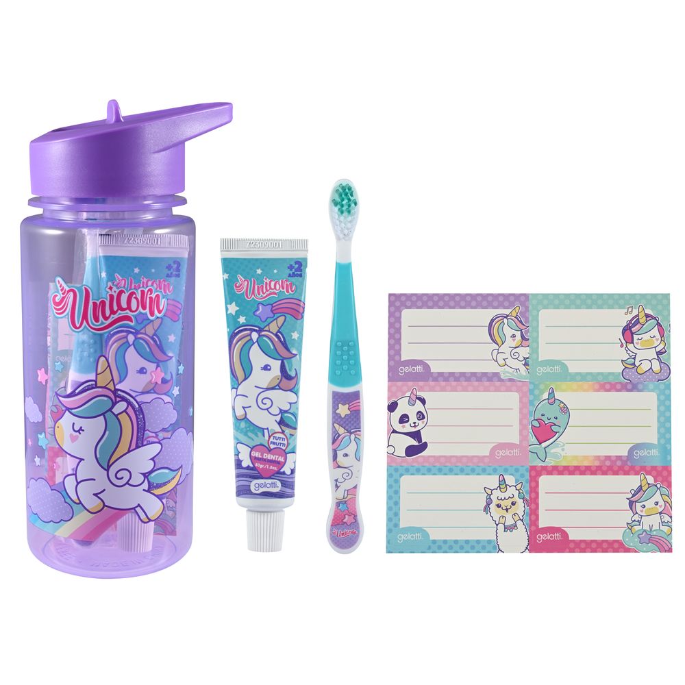 PASTA DIENTE 50g + CEPILLO  + BOTELLA +  ETIQUETAS ESCOLARES, UNICORNIO - Caja 12 Unidades