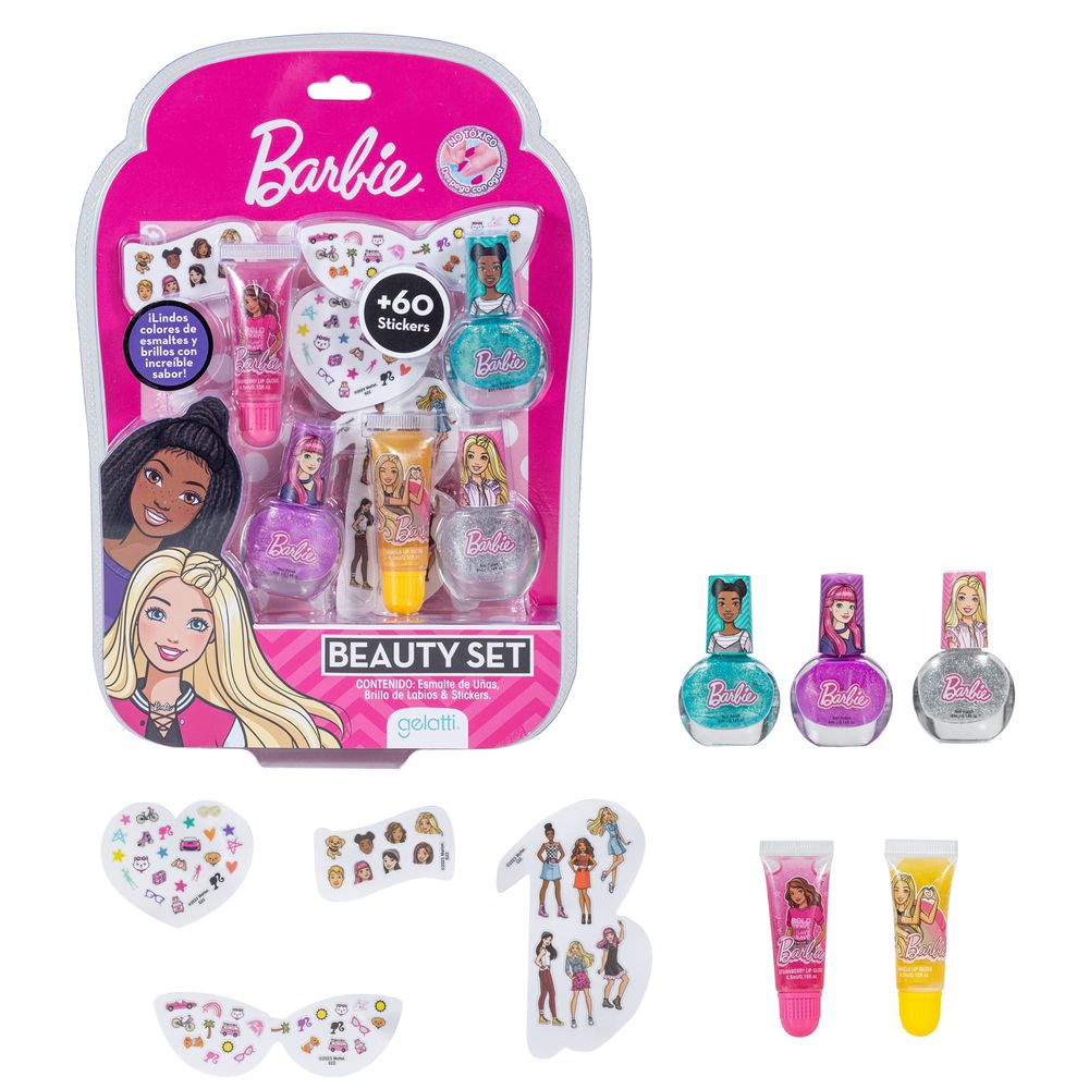 Set de maquillaje Barbie- 3 esmaltes +2 Gloss +  Stickers - Caja de 12 unidades formato blister