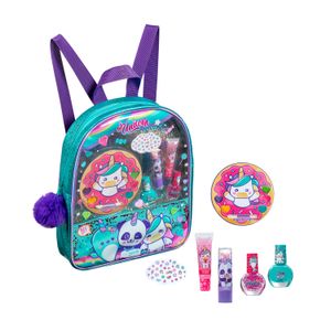 Set de Maquillaje UNICORNIO mochila peluche - mochila flufly + 2 esmaltes de uñas + 2 balsamo labial + sombra de ojos + stickers